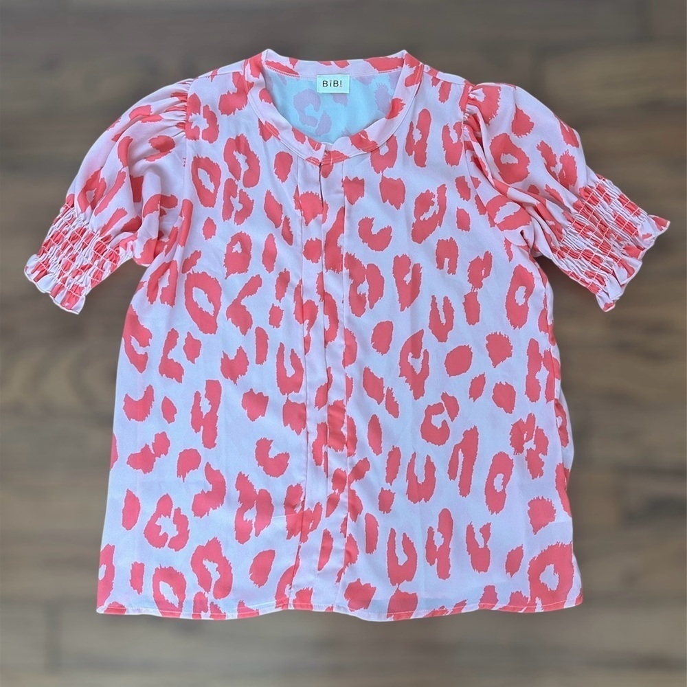 BIBI Pink Leopard Print Blouse Sz L